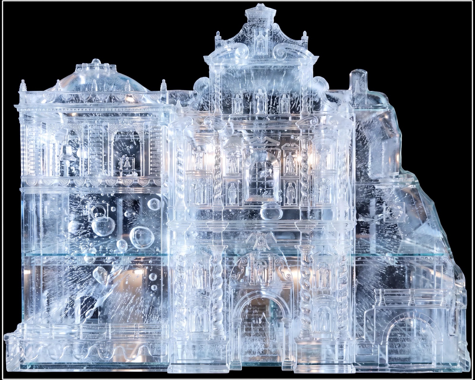 The baroque façade of the San Francisco church in La Antigua Guatemala rendered in golden light by a projection mapping