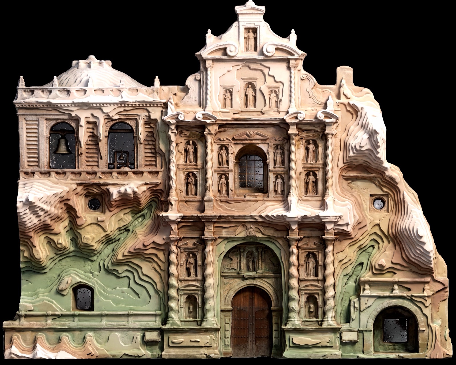 The baroque façade of the San Francisco church in La Antigua Guatemala rendered in golden light by a projection mapping