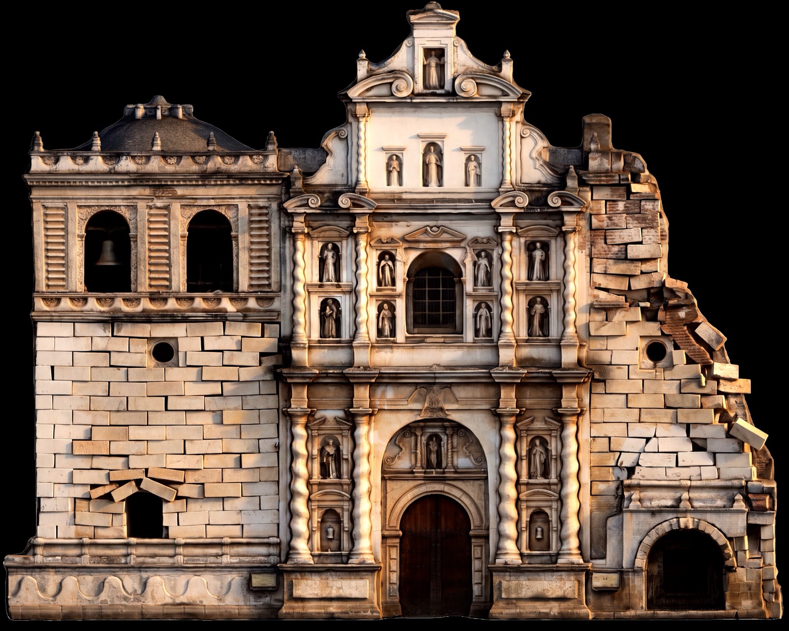 The baroque façade of the San Francisco church in La Antigua Guatemala rendered in golden light by a projection mapping