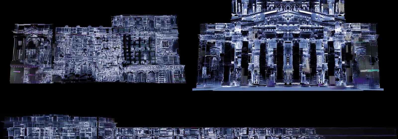 The Bolshoi Theatre in Moscow covered in a dark, textured 3D projection mapping with glowing cracks and colours