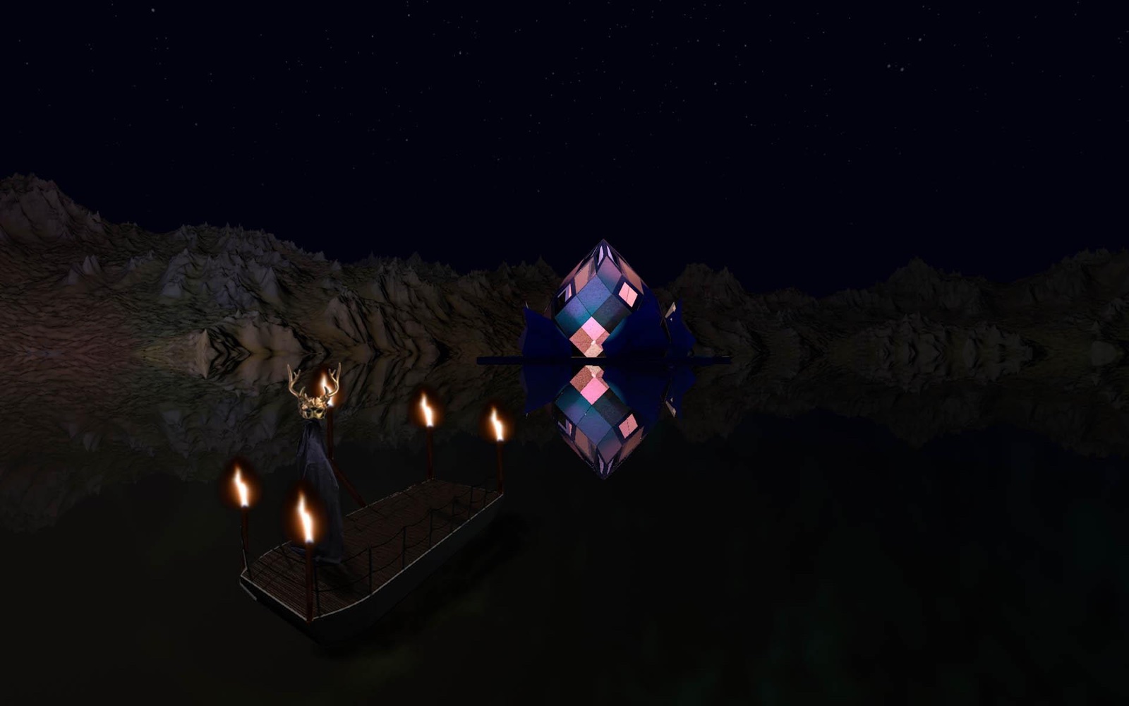 A faceted zome structure at night, its geometric panels glowing with projection-mapped fire visuals
