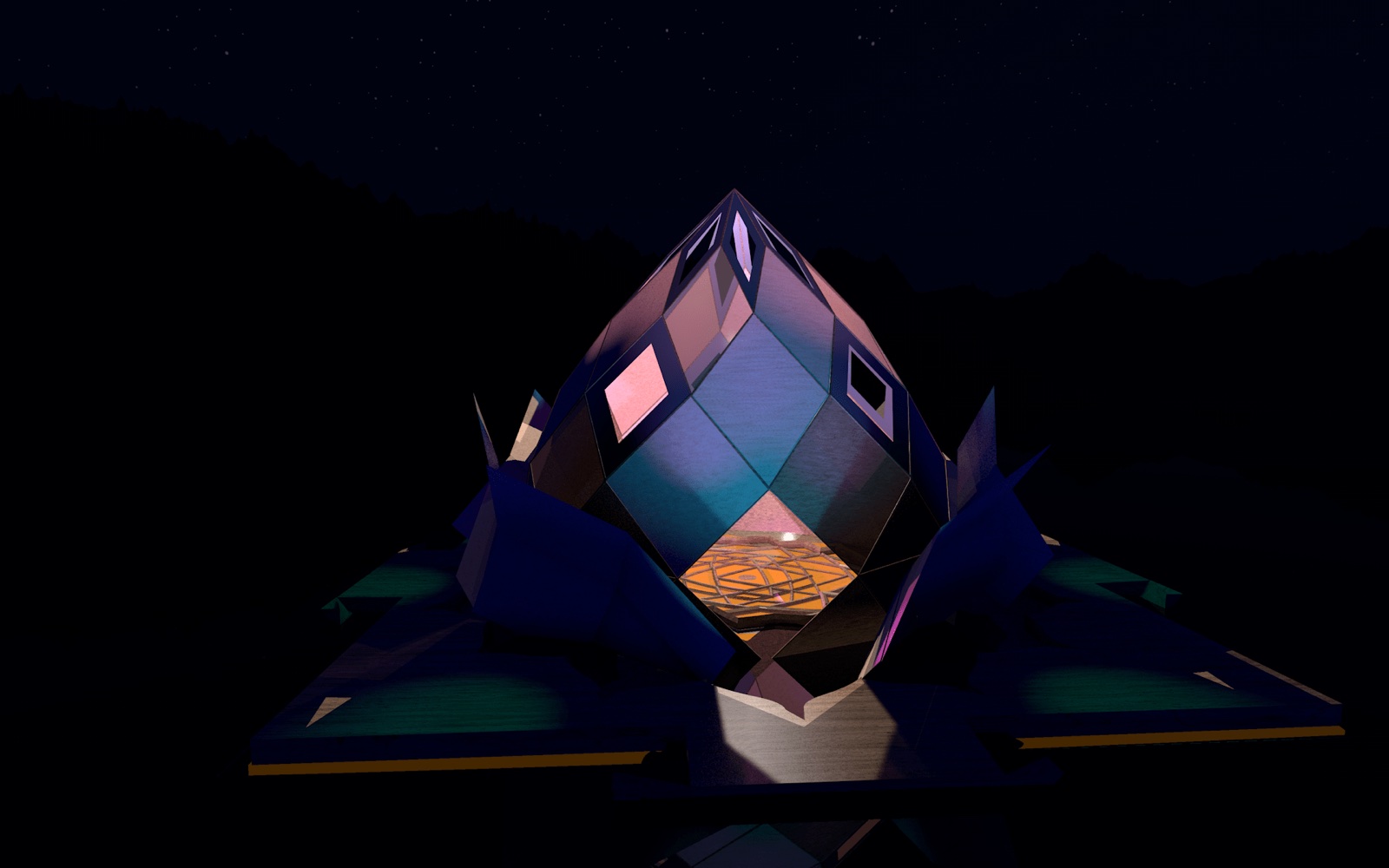 A faceted zome structure at night, its geometric panels glowing with projection-mapped fire visuals