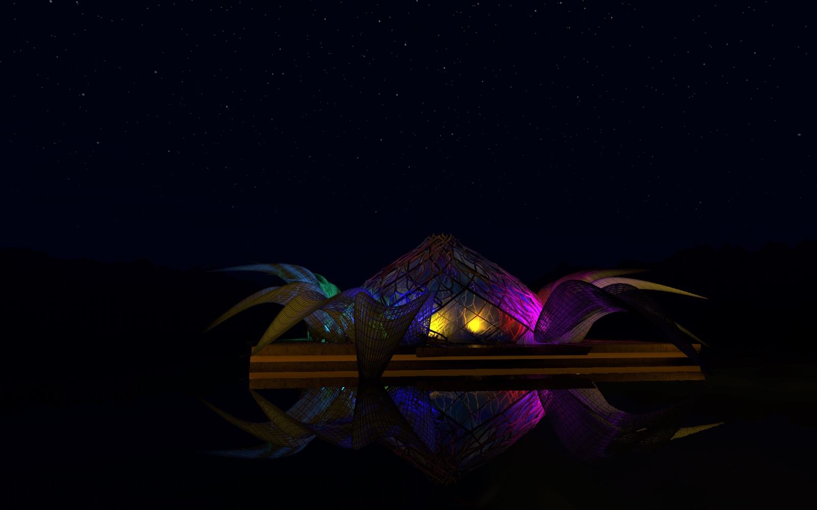A faceted zome structure at night, its geometric panels glowing with projection-mapped fire visuals