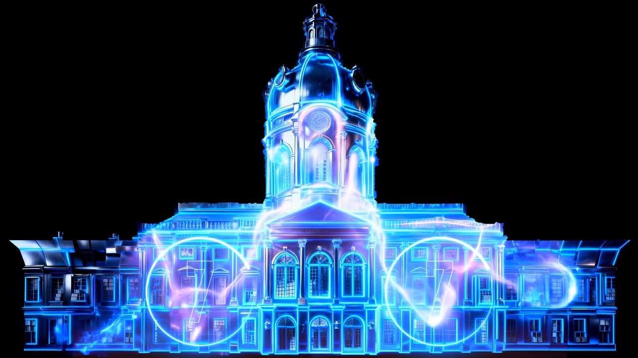The baroque façade of Charlottenburg Palace in Berlin covered in a colourful 3D projection mapping of glowing data patterns