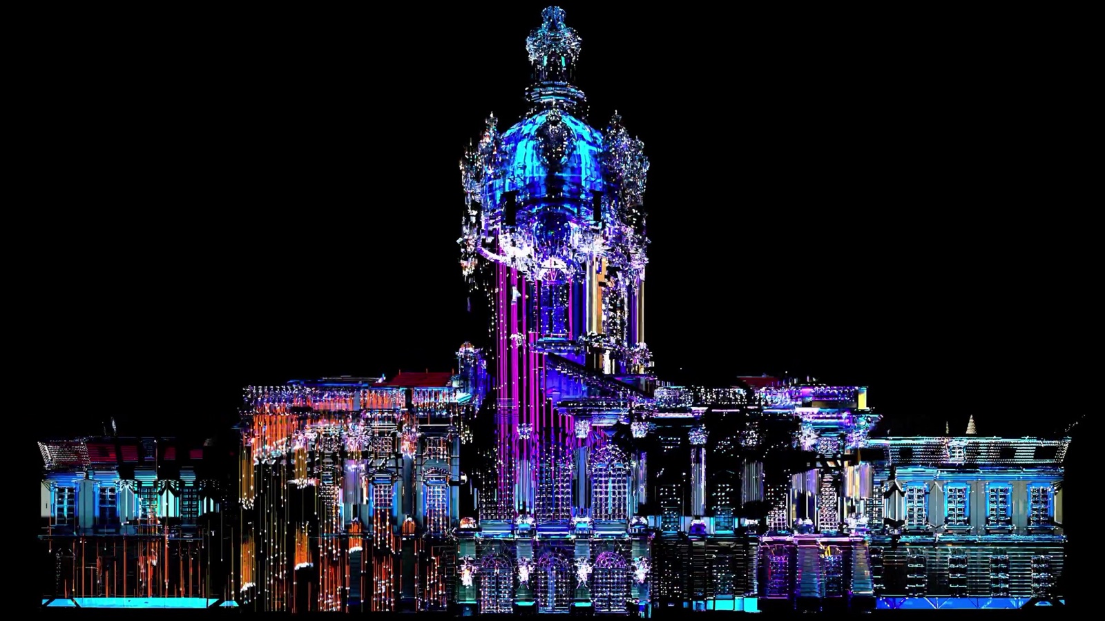The façade of Charlottenburg Palace in Berlin covered in a red and white ornamental projection mapping during the Festival of Lights