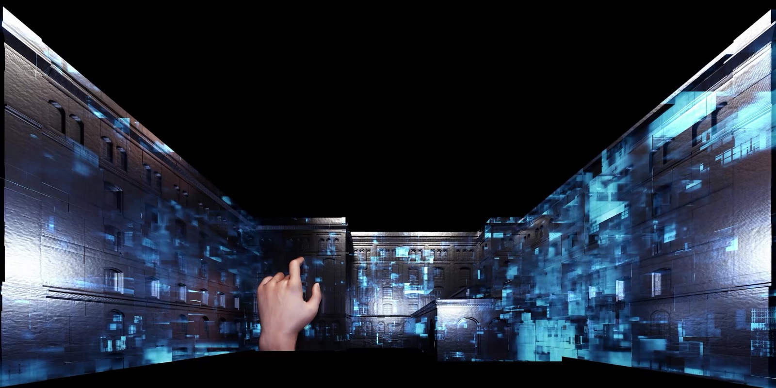 The walls of a historic courtyard in Lahnstein on the Rhine covered in a 270-degree projection mapping at night