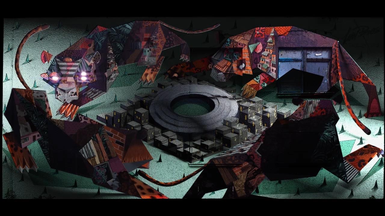 A colourful mural by the artist duo Low Bros on a wall at Urban Spree Berlin, animated by projection mapping