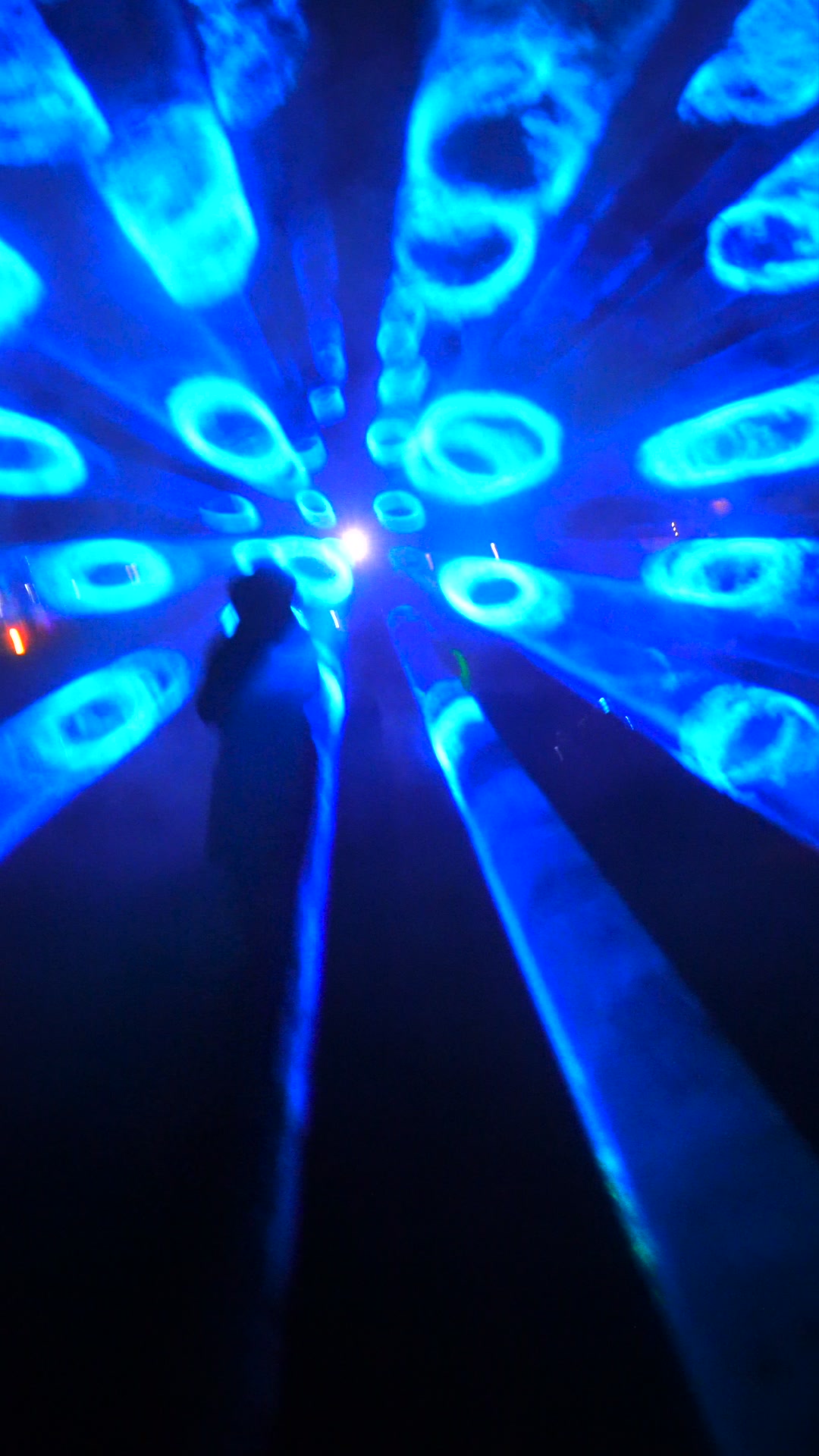 A person standing inside a bright blue holographic light field in fog at night at Re:birth Festival in Japan