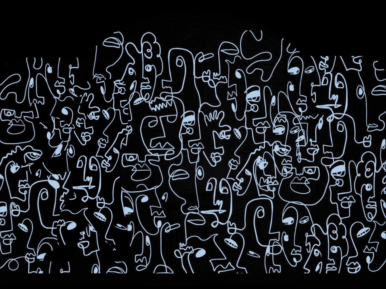 A projection of a dense pattern of white line-drawn faces on the façade of Schloss Köpenick in Berlin