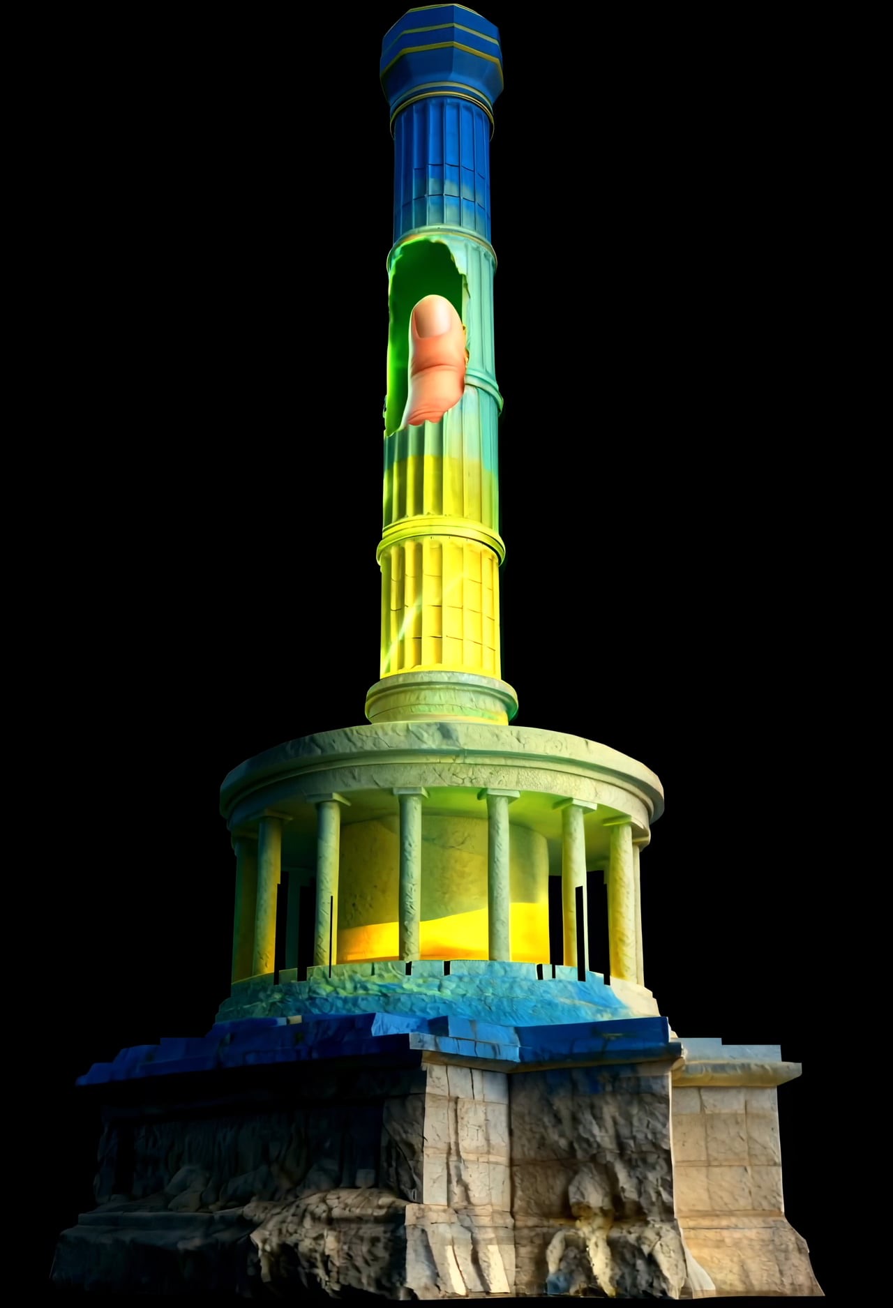 The Berlin Victory Column wrapped in a rainbow-coloured 360-degree projection mapping at night, filmed from below