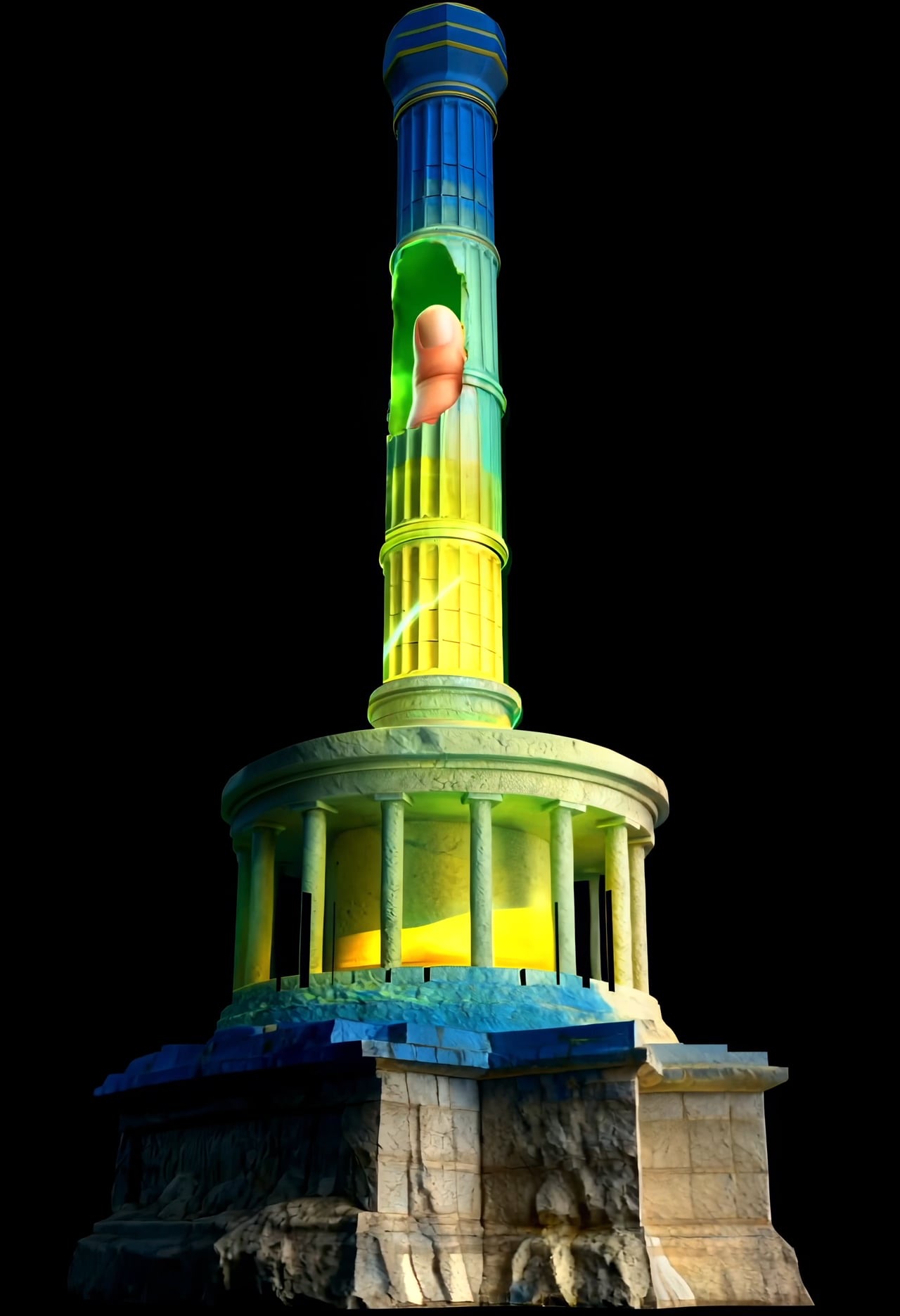 The Berlin Victory Column wrapped in a rainbow-coloured 360-degree projection mapping at night, filmed from below