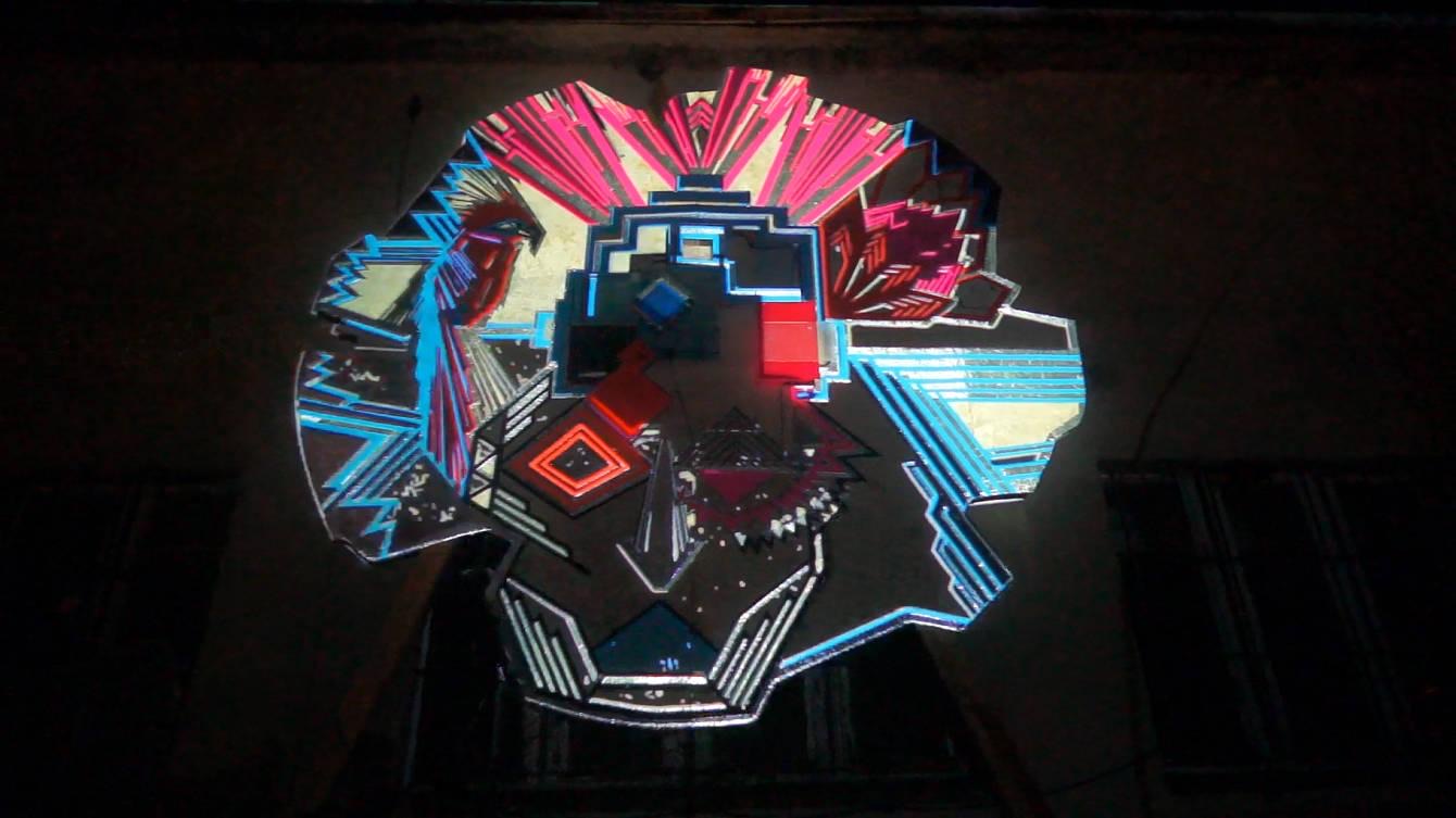 A tape art sculpture by the Berlin artists Tape Over animated by projection mapping at a festival in Poland