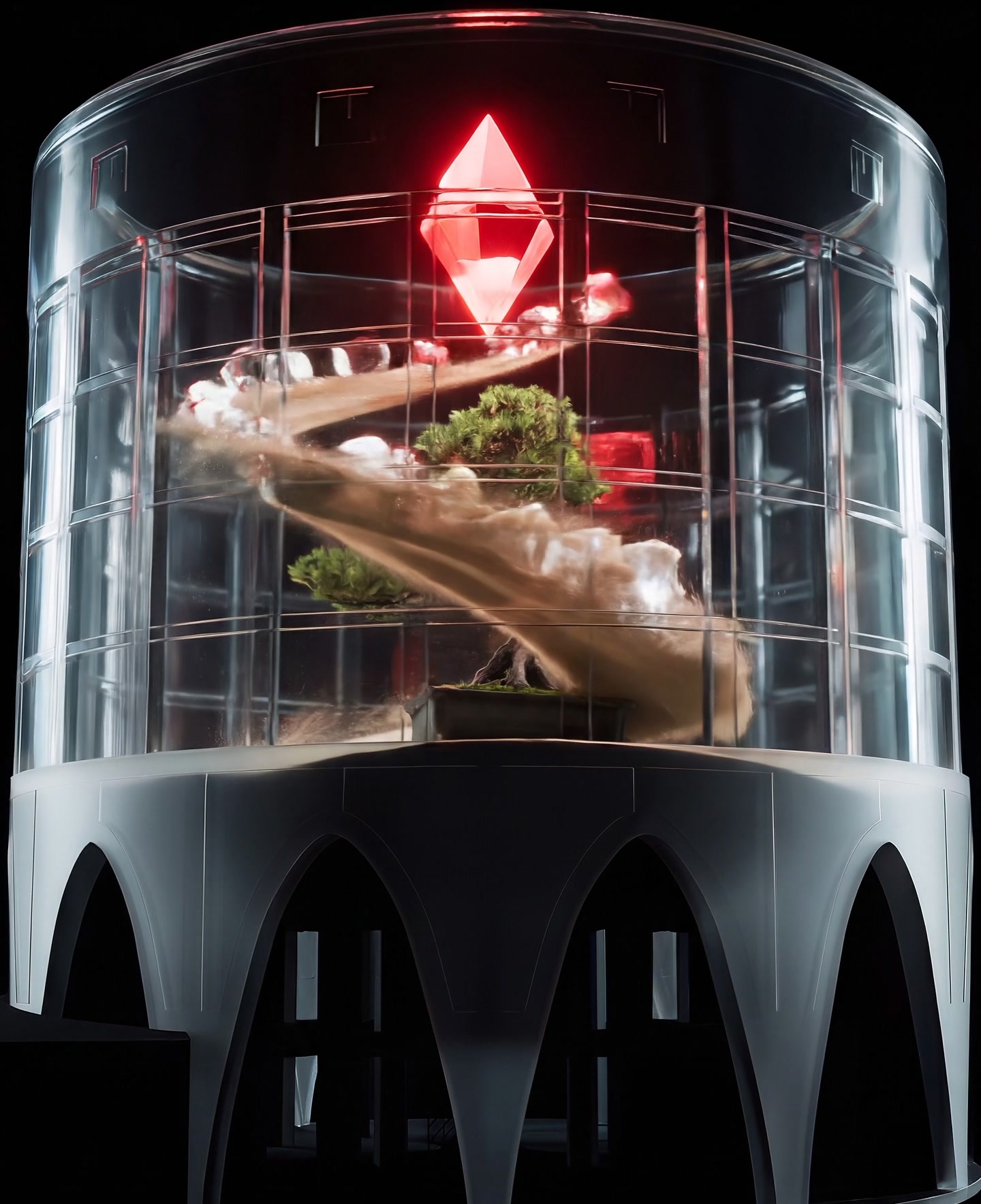 The 24-metre concrete silo of the Alembic Glass Factory in Bengaluru rendered as a transparent lattice by projection, with an amber interior glowing inside and holographic fog around it