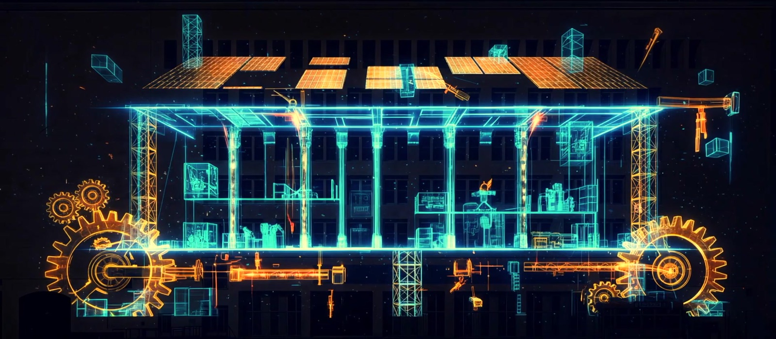The tower of the former Tempelhof Airport in Berlin with projected words such as Zukunftslabor, Denkmal, Baustelle and Bühne during the Festival of Lights 2025